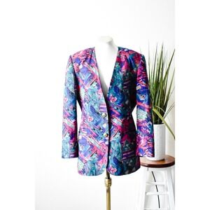 George Georgiou Silk Blazer Womens XS Teal Magenta 90s Abstract Geometric Print